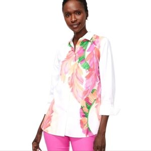 Chico's Fiesta Foliage Shirt in Bahamian Pink No Iron Button Front Floral Print